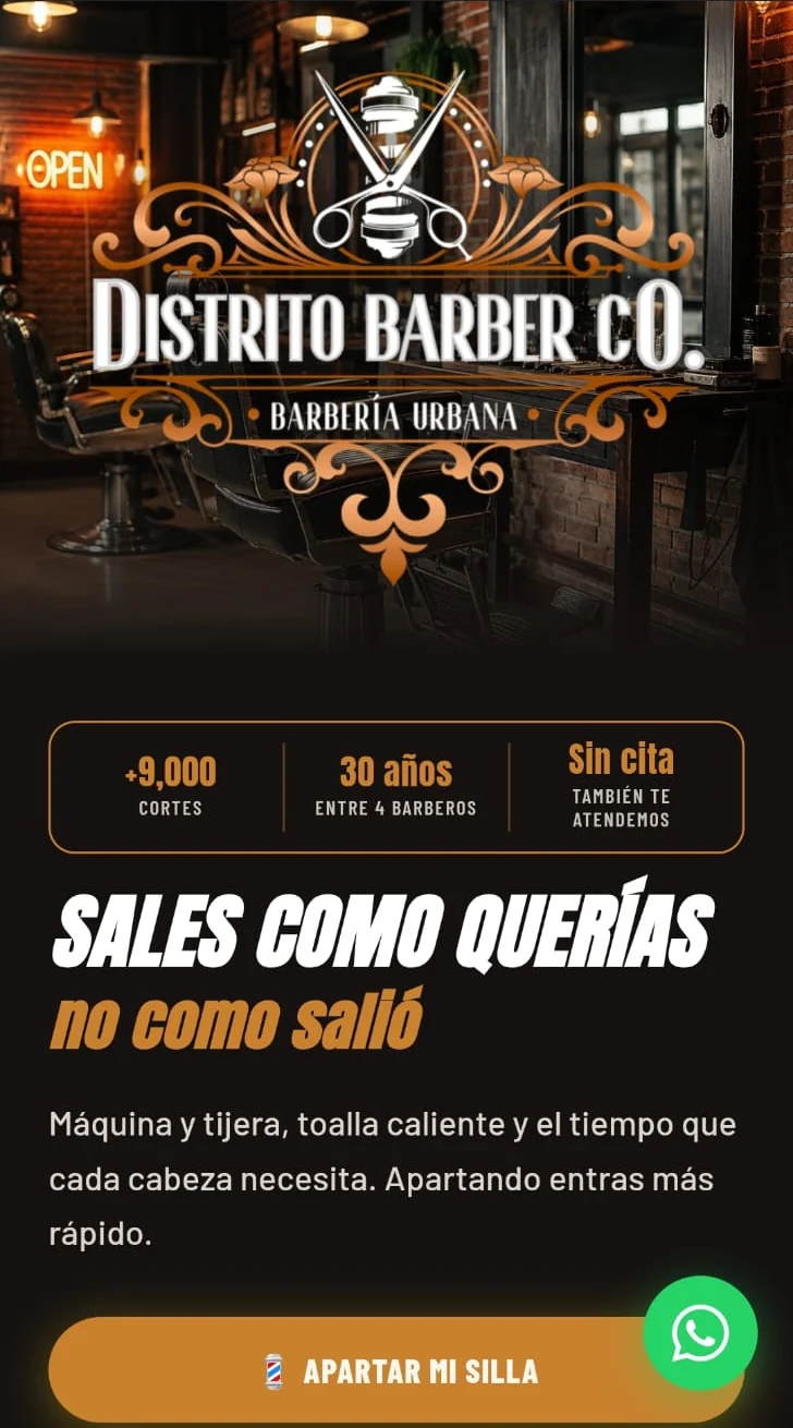 Captura real de la portada de la demostración Distrito Barber Co.